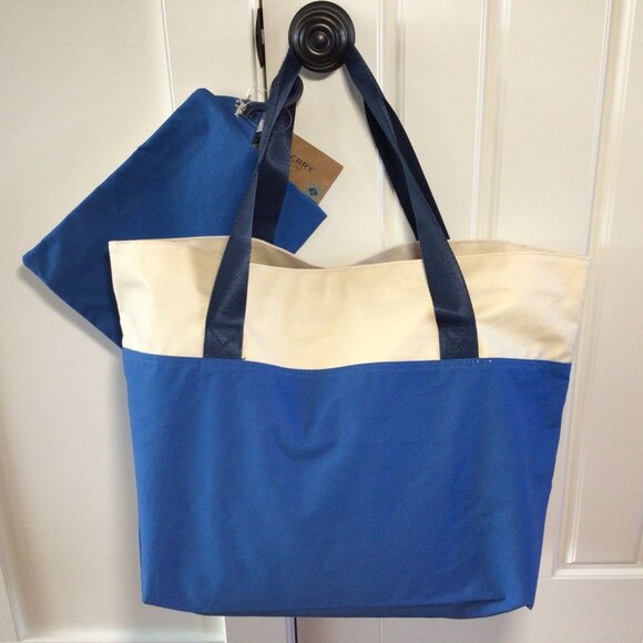 NWT Sperry Large Tote Bag & Pouch Set Canvas Blue & Natural - Picture 6 of 14